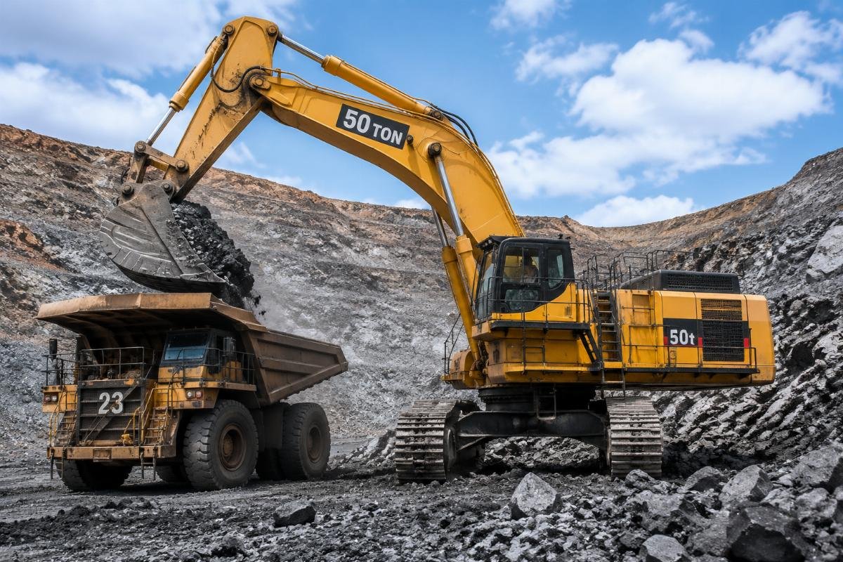 Large crawler excavator for heavy mining operations A 50 ton large crawler excavator operating at an open pit mining site