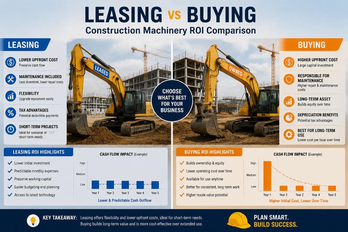 Side-by-side comparison of leased and purchased construction machinery on a job site