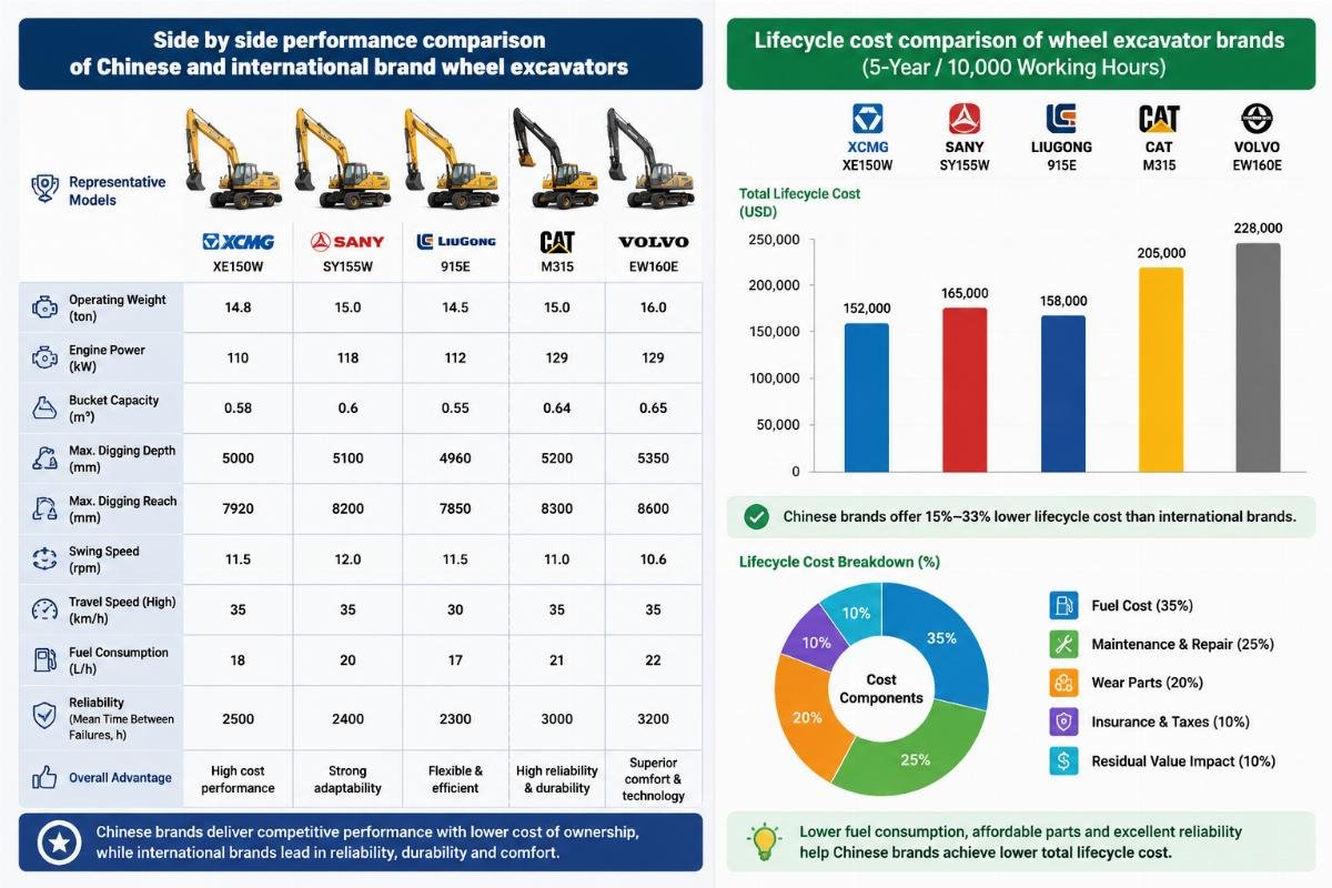 Lifecycle cost comparison of wheel excavator brands Side by side performance comparison chart of Chinese and international brand wheel excavators
