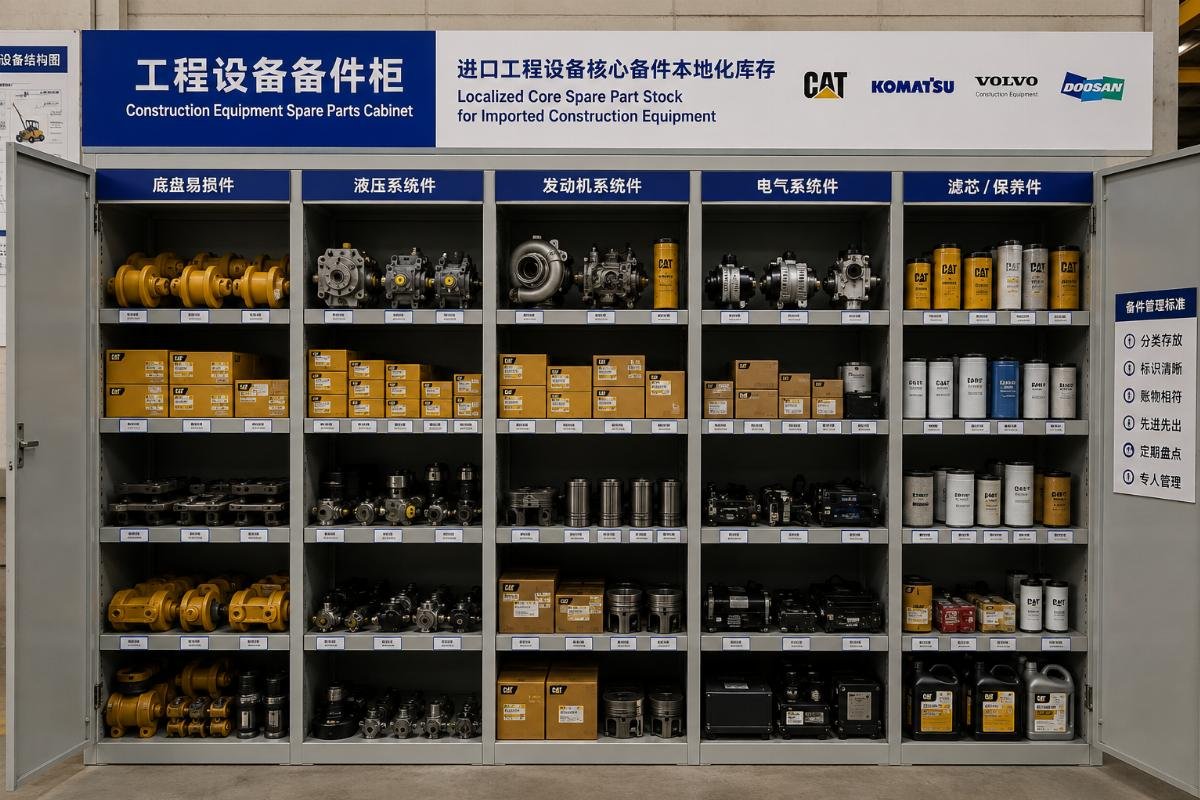 A neatly organized on-site spare part storage cabinet for construction equipment wear parts
