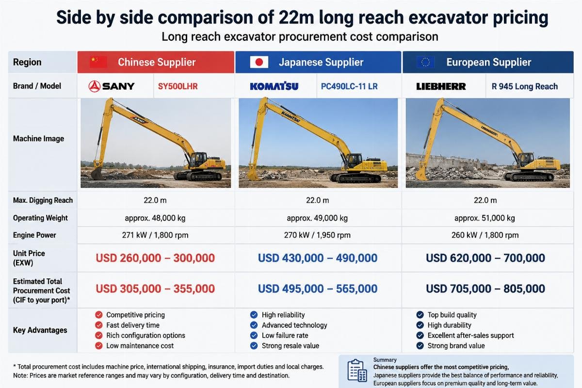 Side by side comparison of 22m long reach excavator pricing from Chinese, Japanese and European suppliers