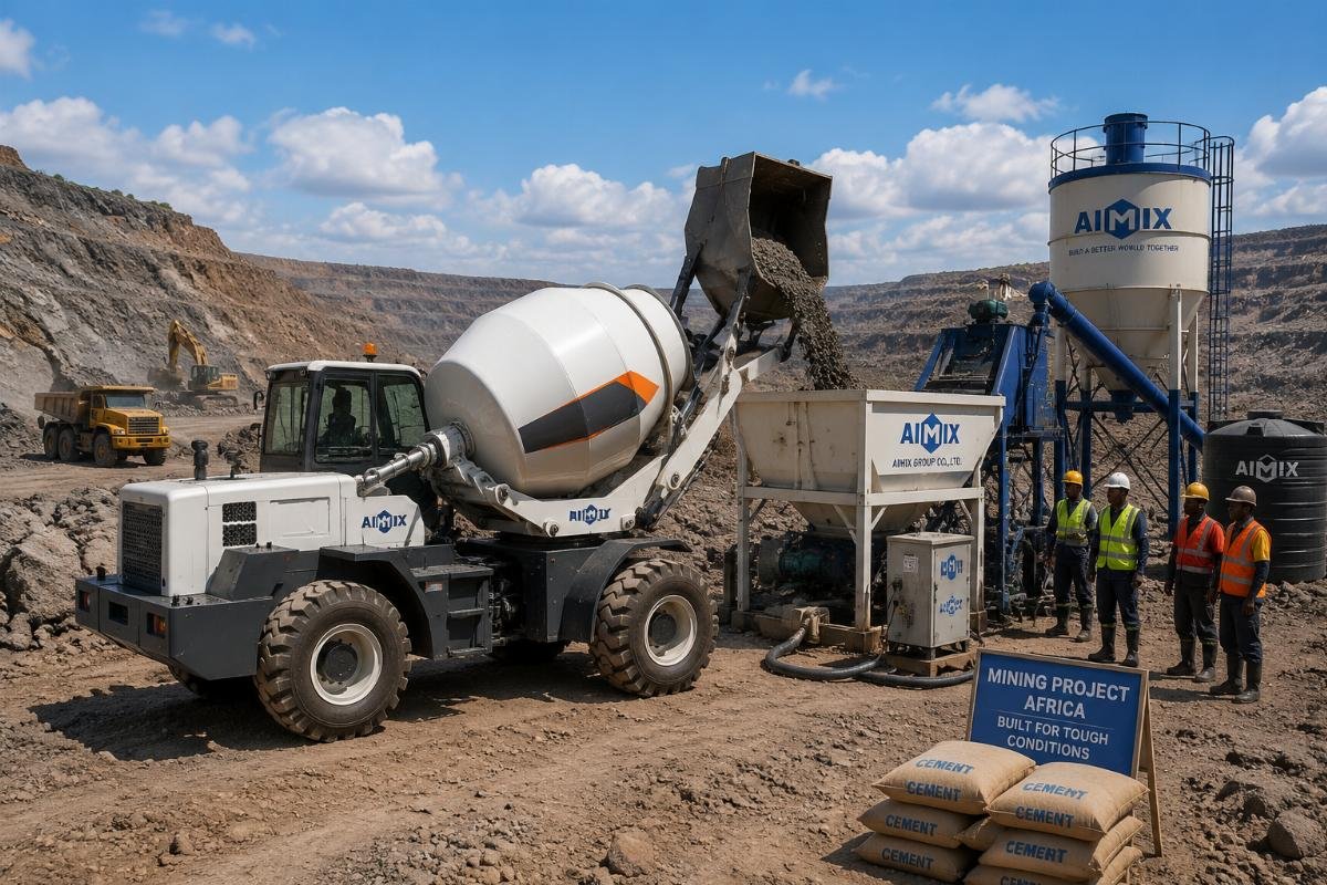 Heavy-duty self-loading concrete mixers operating on a remote African mining site