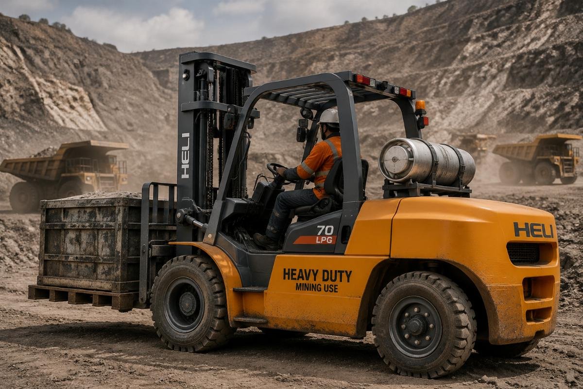 A LPG forklift operating in a dusty mining site environment