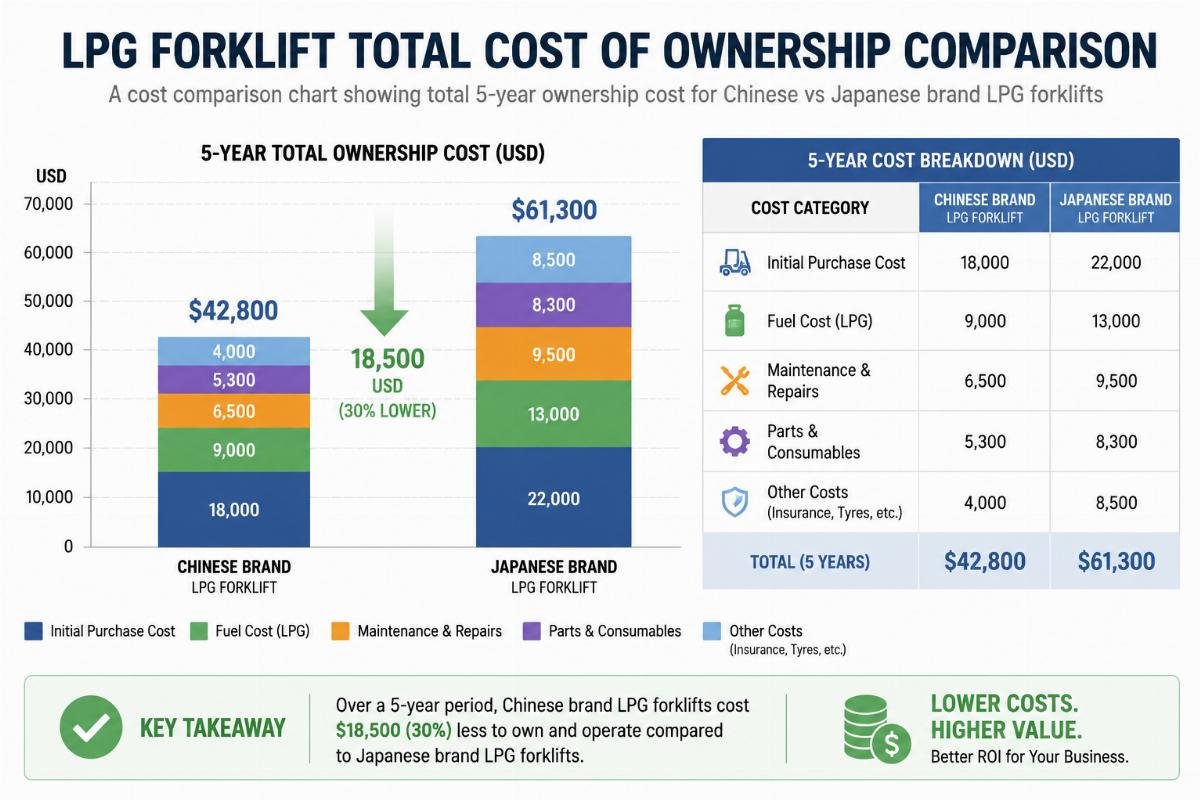 A cost comparison chart showing total 5-year ownership cost for Chinese vs Japanese brand LPG forklifts