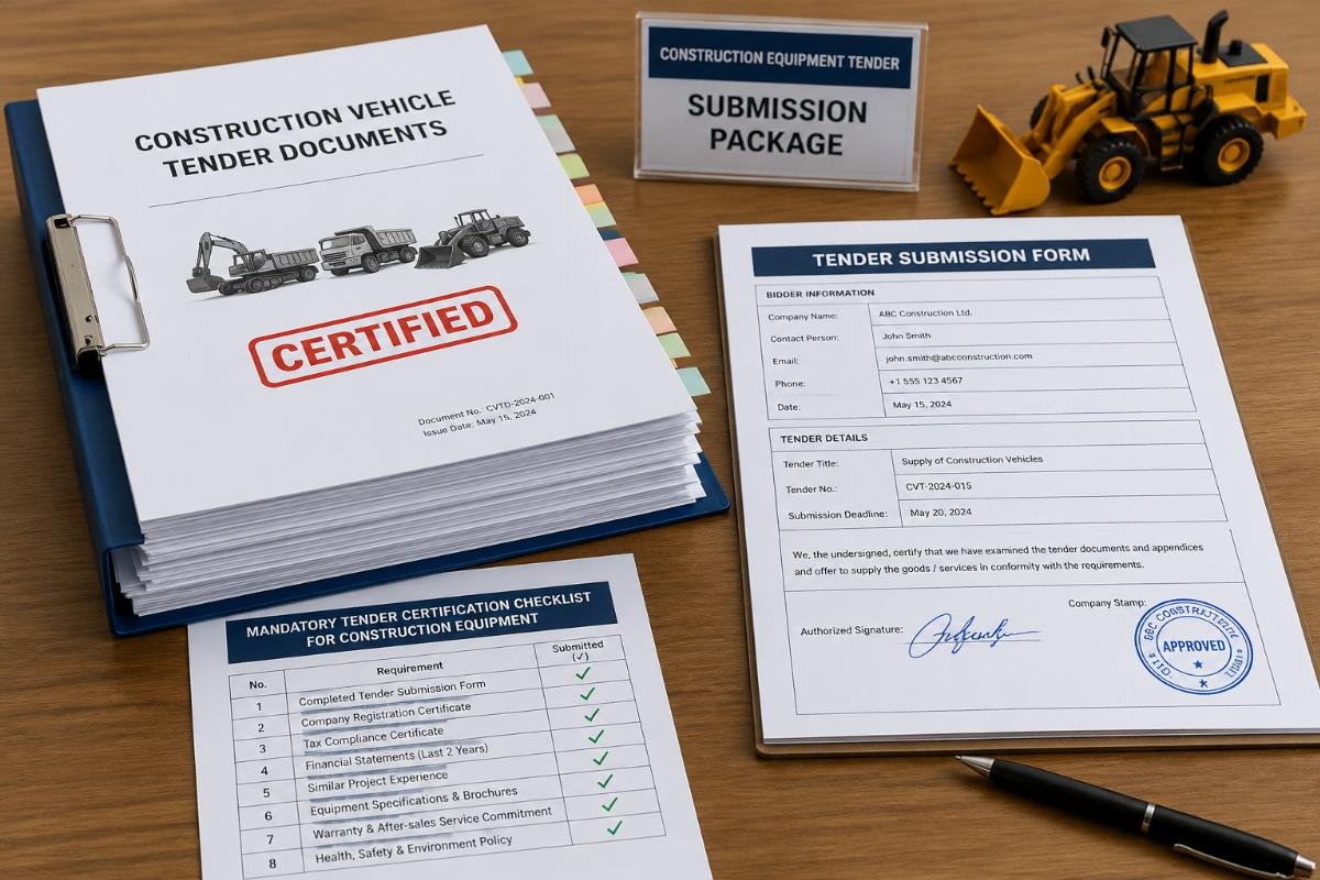 Mandatory tender certification checklist for construction equipment A stack of certified construction vehicle tender documents next to a completed submission form