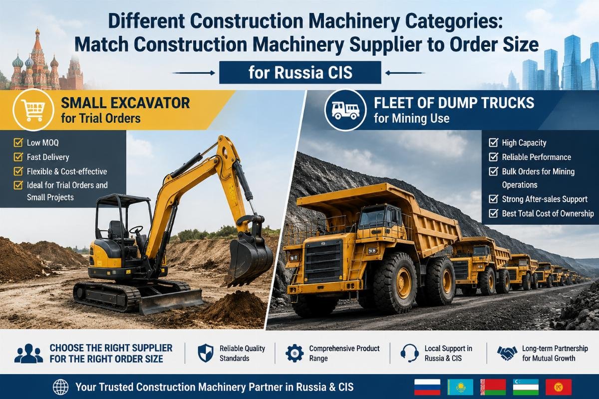 Match construction machinery supplier to order size for Russia CIS Different construction machinery categories: small excavator for trial orders, fleet of dump trucks for mining use