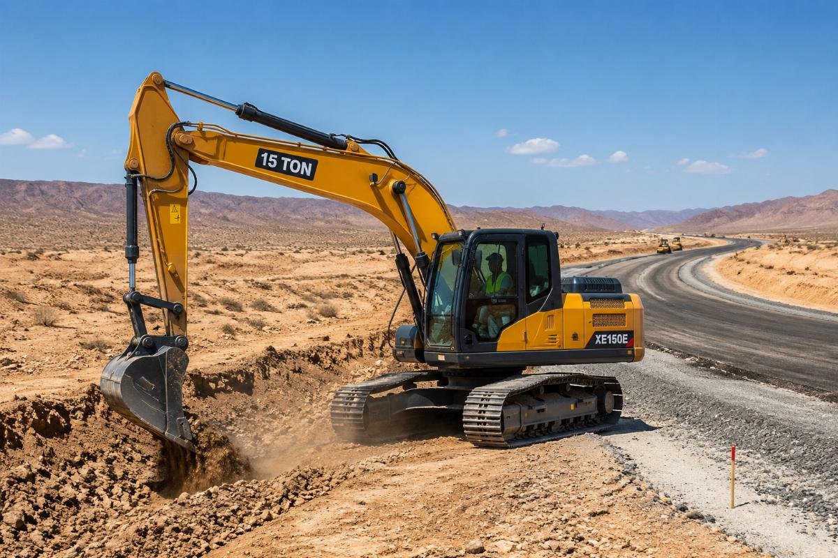 Medium crawler excavator for road infrastructure projects A 15 ton medium crawler excavator operating on a desert road construction site