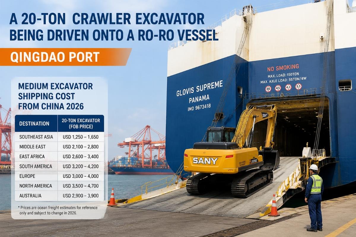 A 20-ton crawler excavator being driven onto a ro-ro vessel at Qingdao Port
