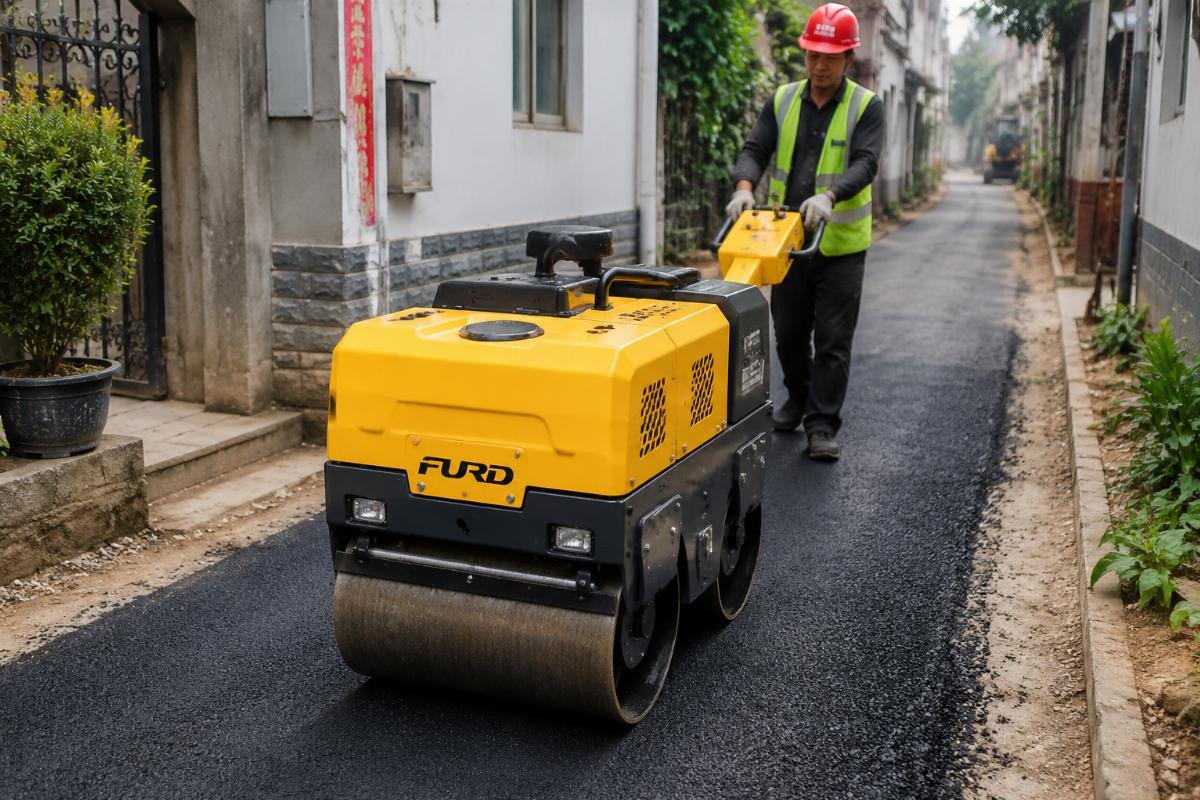 A compact mini walk-behind roller operating on a narrow residential alley paving site