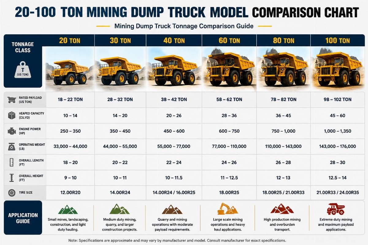 20-100 ton mining dump truck model comparison chart