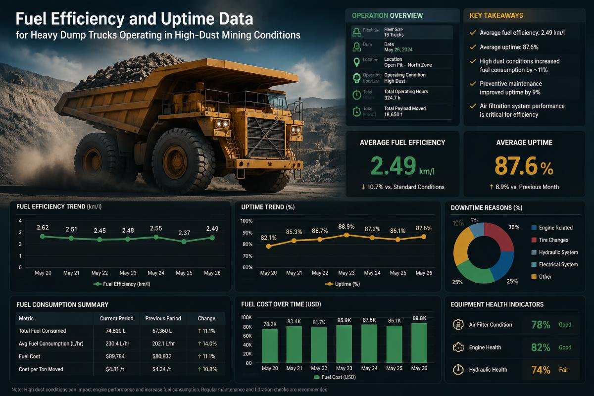 Fuel efficiency and uptime data for heavy dump trucks operating in high-dust mining conditions