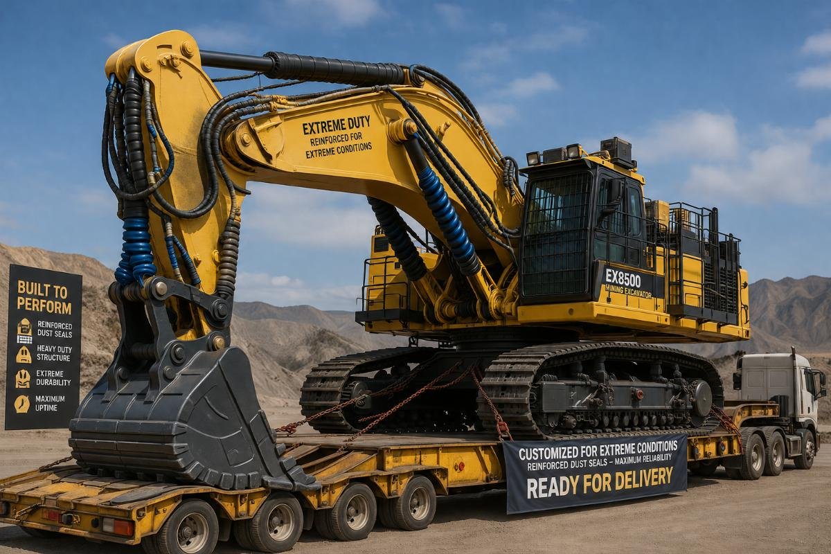 Mining excavator configuration for extreme conditions Customized mining excavator with reinforced dust seals staged for delivery