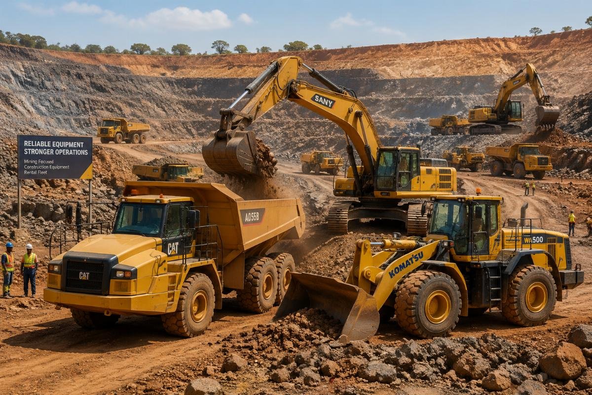 Mining focused construction equipment rental fleet A heavy construction fleet operating at an open-pit mining site in sub-Saharan Africa
