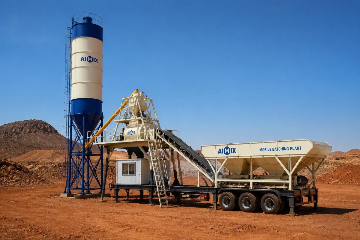 A mobile concrete batching plant deployed at a remote African mine site, with no surrounding infrastructure visible
