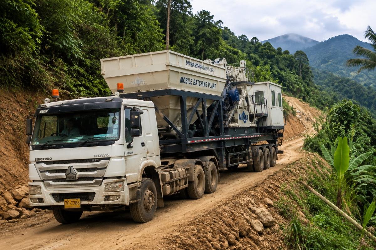 A mobile batching plant being transported on an unpaved mountain road in Southeast Asia