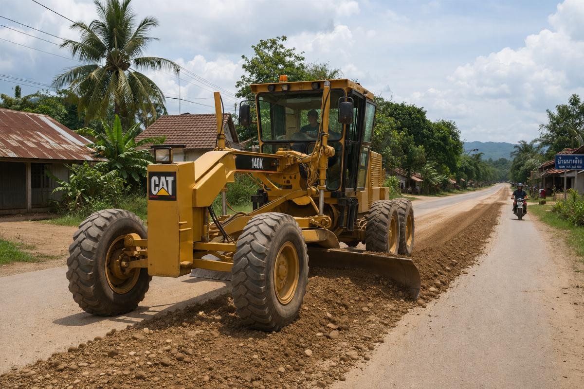 motor grader for road maintenance Motor grader performing routine road maintenance on a rural Southeast Asian road