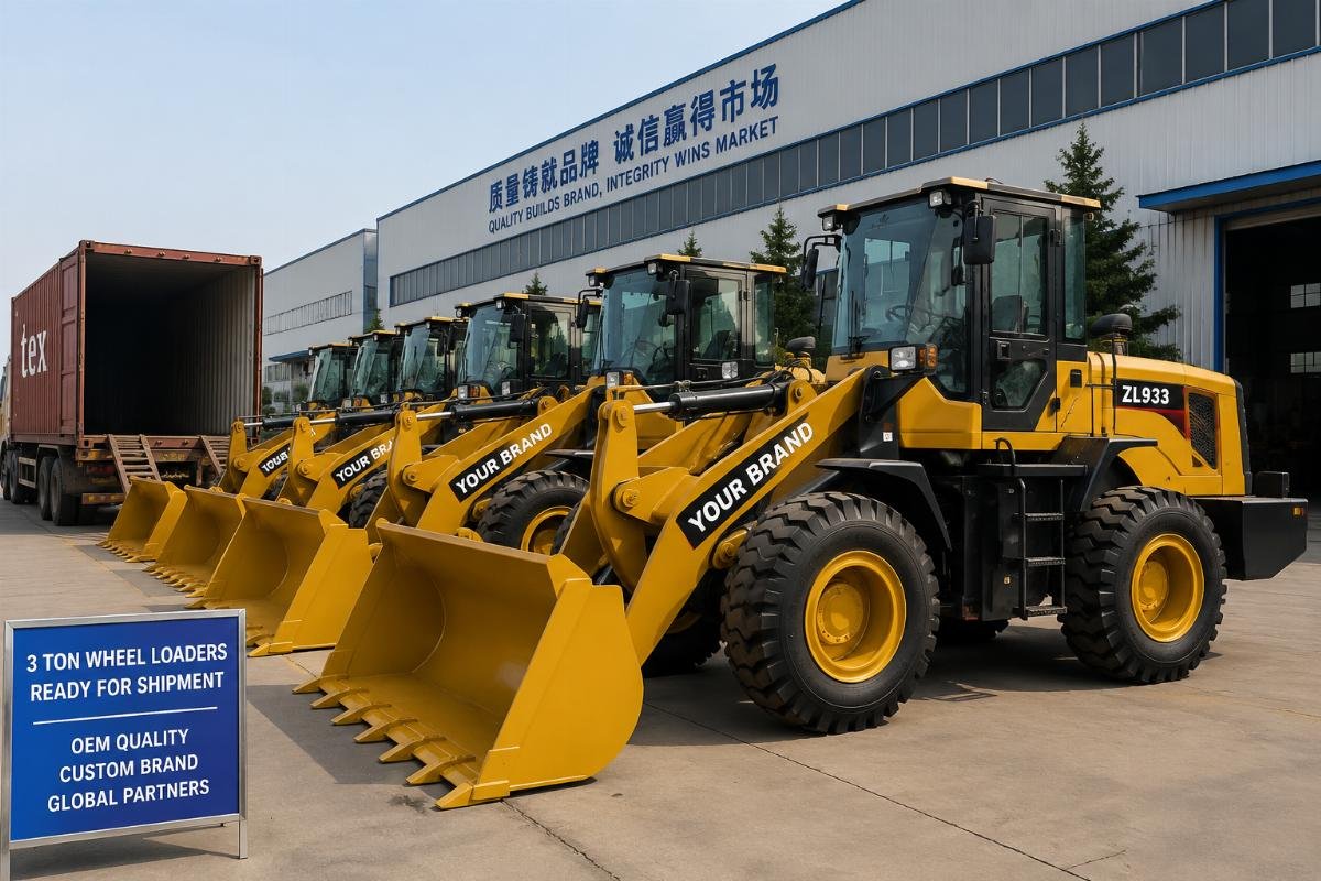 Custom-branded 3-ton wheel loaders ready for shipment from a Chinese manufacturing facility