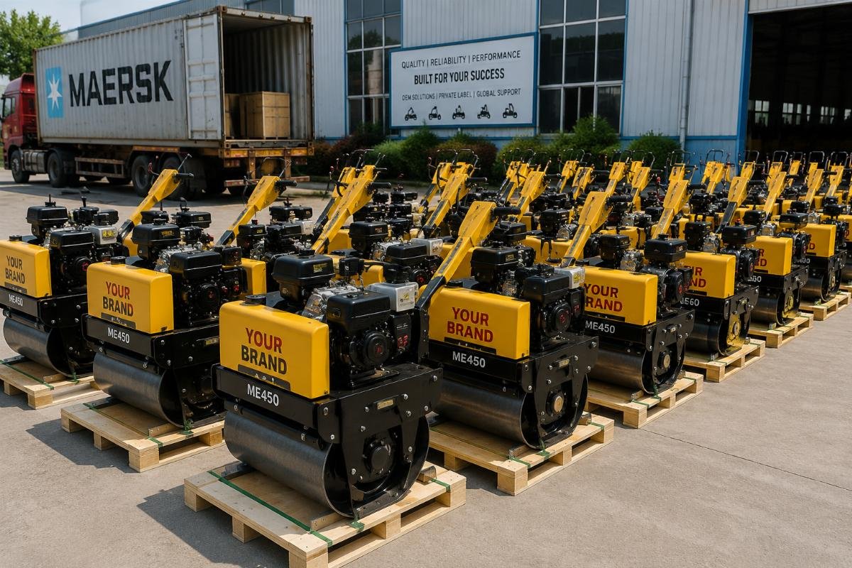 Batch of private label mini walk-behind rollers ready for shipment at a factory yard