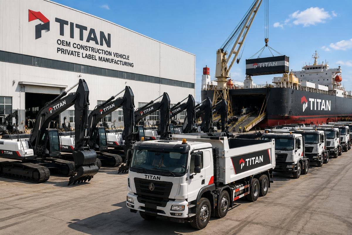 A fleet of custom-branded excavators and dump trucks staged at a factory loading port