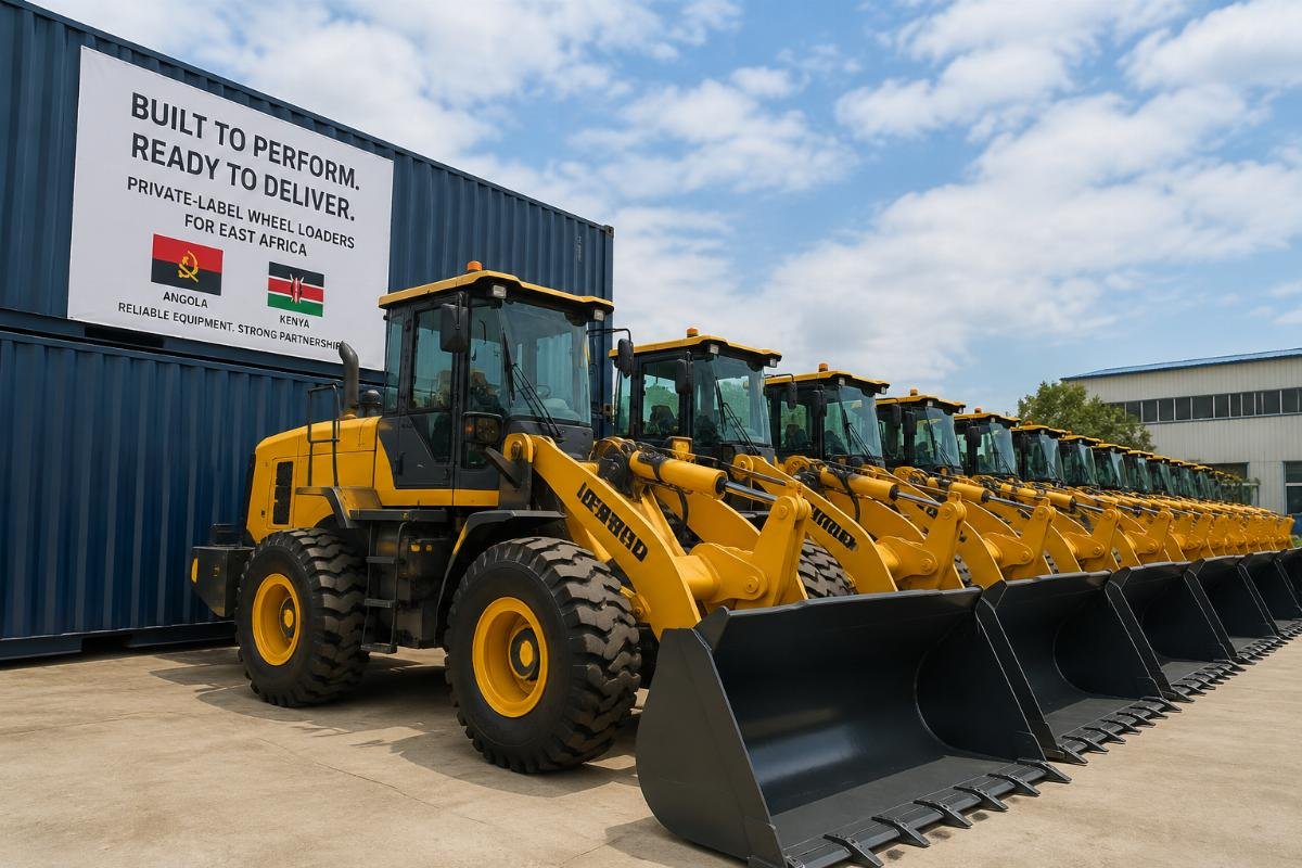 A fleet of private-label wheel loaders ready for delivery to an East African distributor