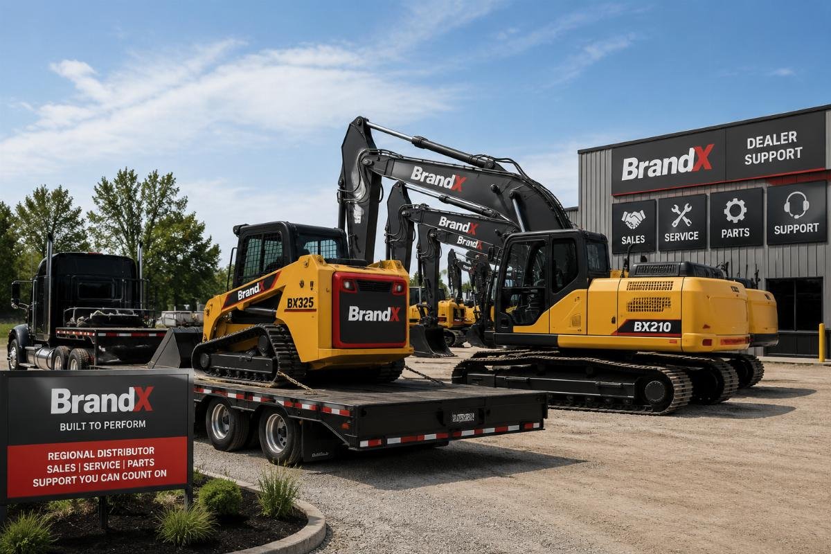 Custom branded construction equipment staged for delivery at a regional distributor yard