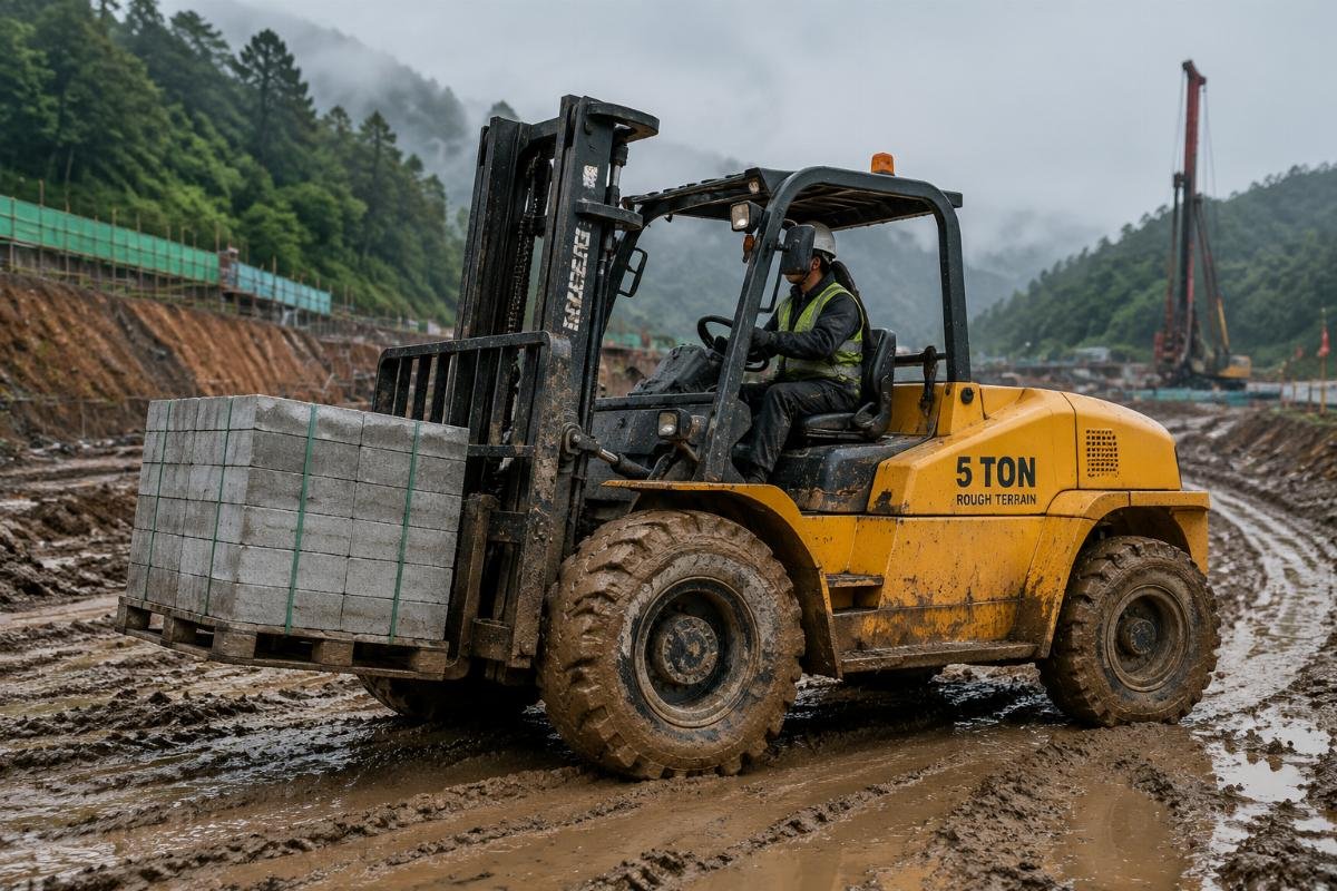 A 5 ton rough terrain forklift operating on a muddy construction access road
