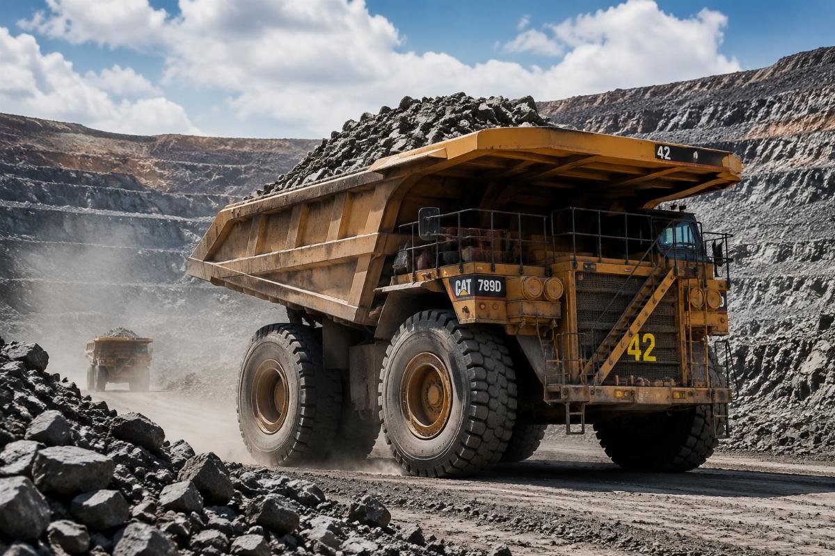 Off-road dump truck operating on a rugged open-pit mining site