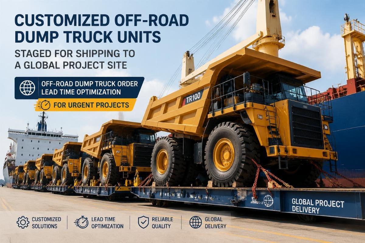 Off-road dump truck order lead time optimization for urgent projects Customized off-road dump truck units staged for shipping to a global project site