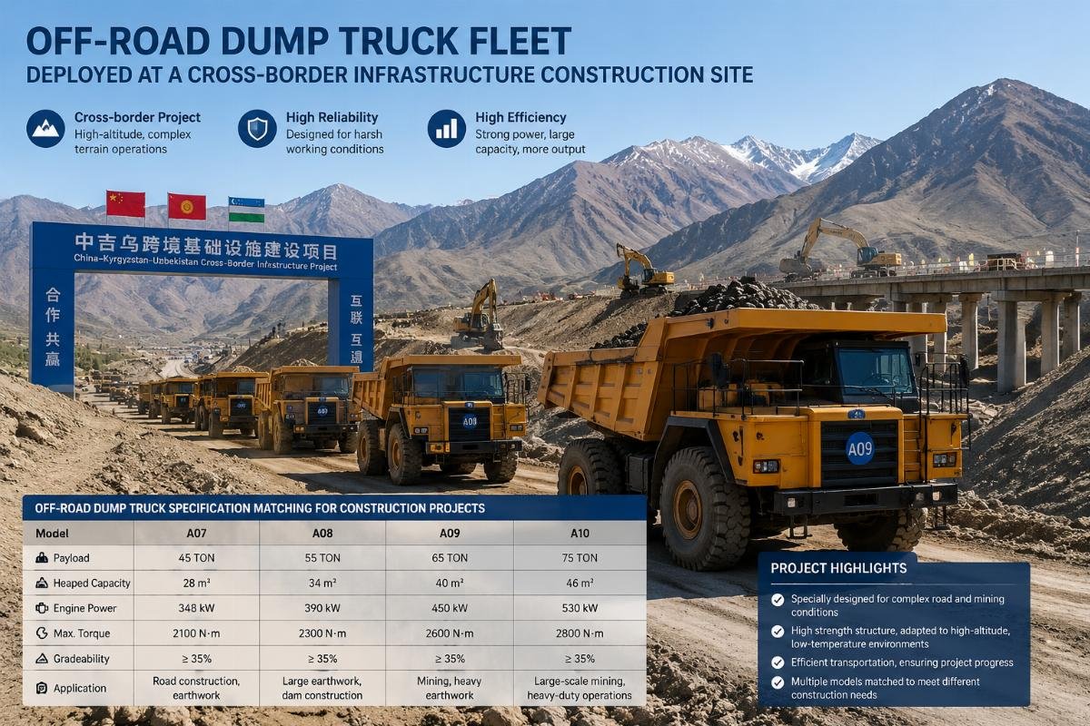 Off-road dump truck specification matching for construction projects Off-road dump truck fleet deployed at a cross-border infrastructure construction site