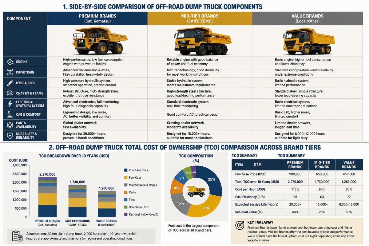 Off-road dump truck total cost of ownership comparison across brand tiers Side-by-side comparison of off-road dump truck components from different brand tiers