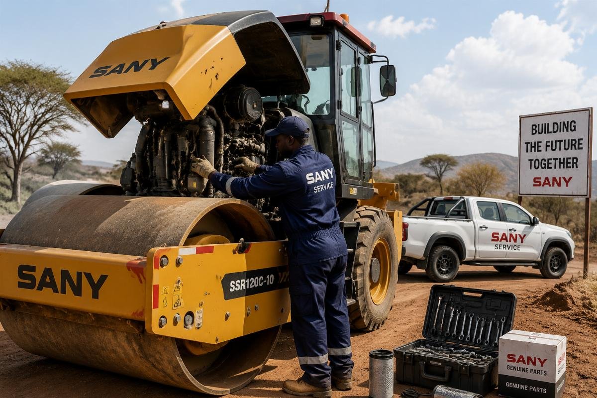 A technician performing routine maintenance on a road roller at a remote African construction site