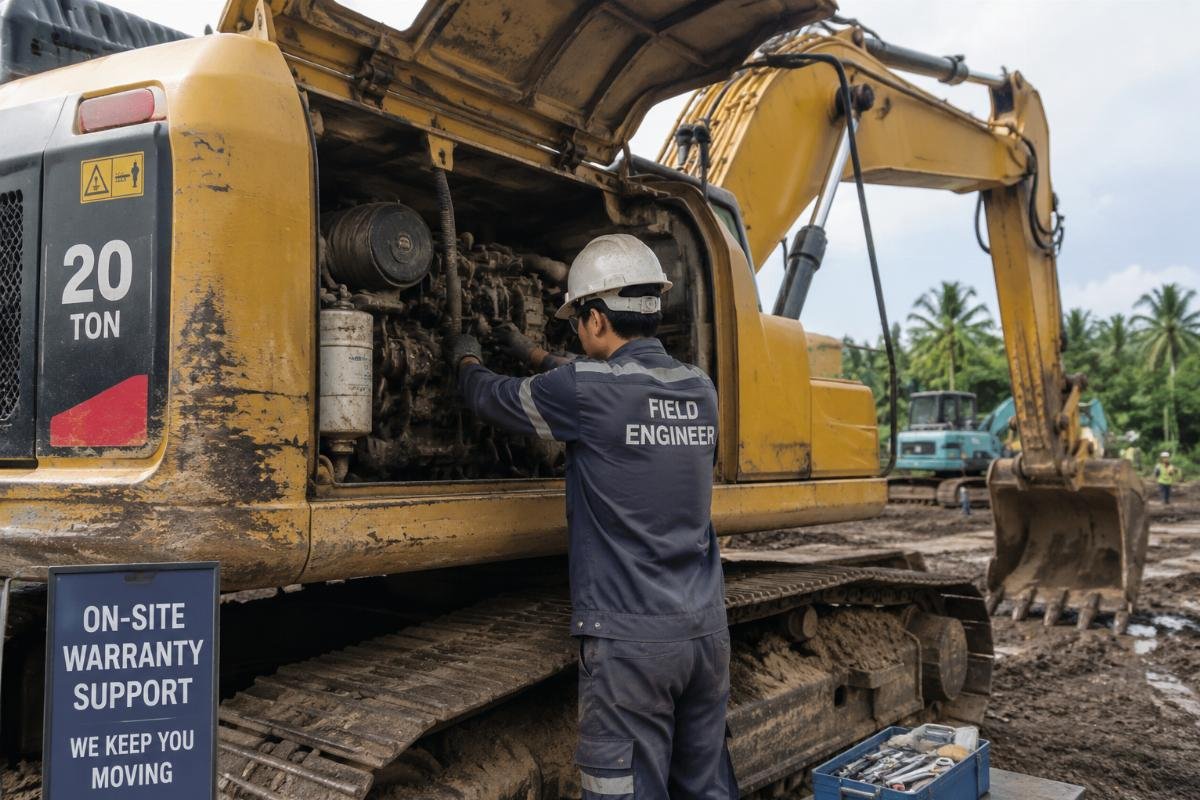 Field engineer performing on-site warranty repair on a 20-ton crawler excavator in Southeast Asia