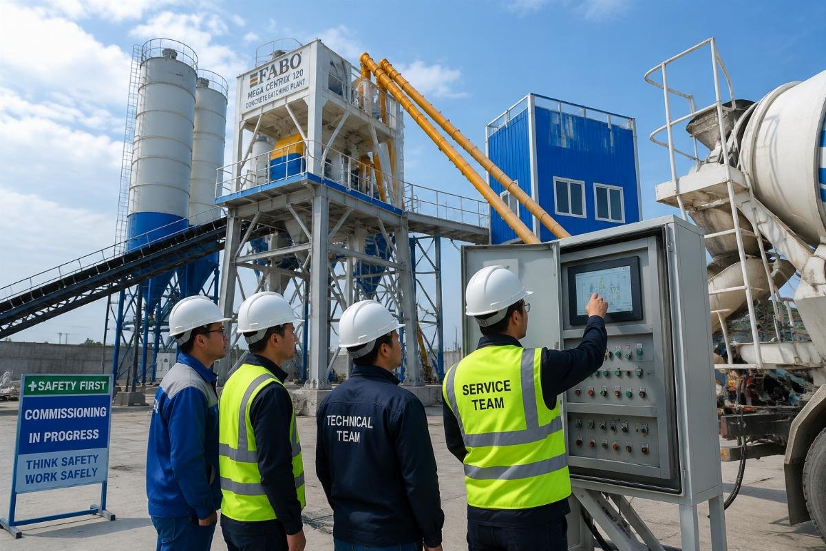 On-site installation and commissioning of batching plant A team of technicians commissioning a newly installed ready-mix concrete plant on site