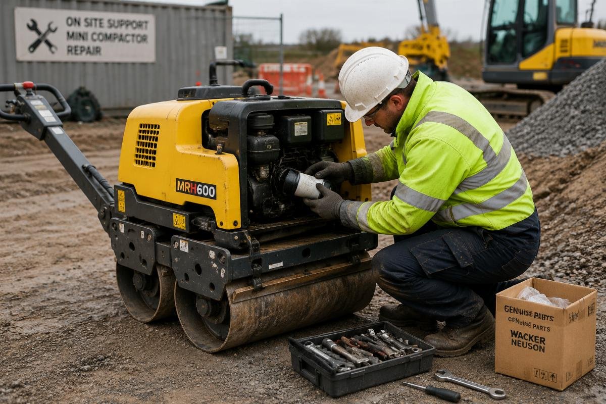 A technician replacing a component on a mini walk-behind roller at a work site
