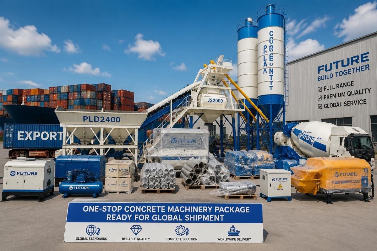 A full fleet of bundled concrete machinery staged at a factory loading yard for export
