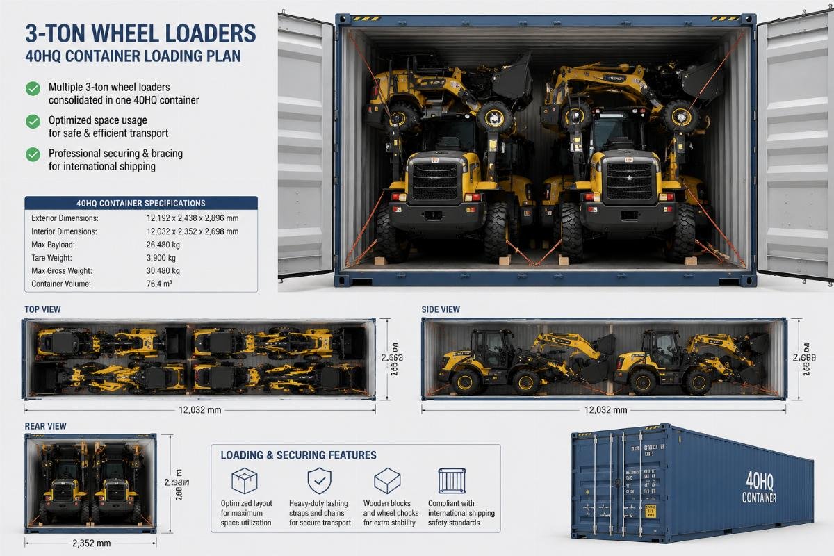Multiple 3-ton wheel loaders consolidated inside a single 40HQ container with optimized space usage