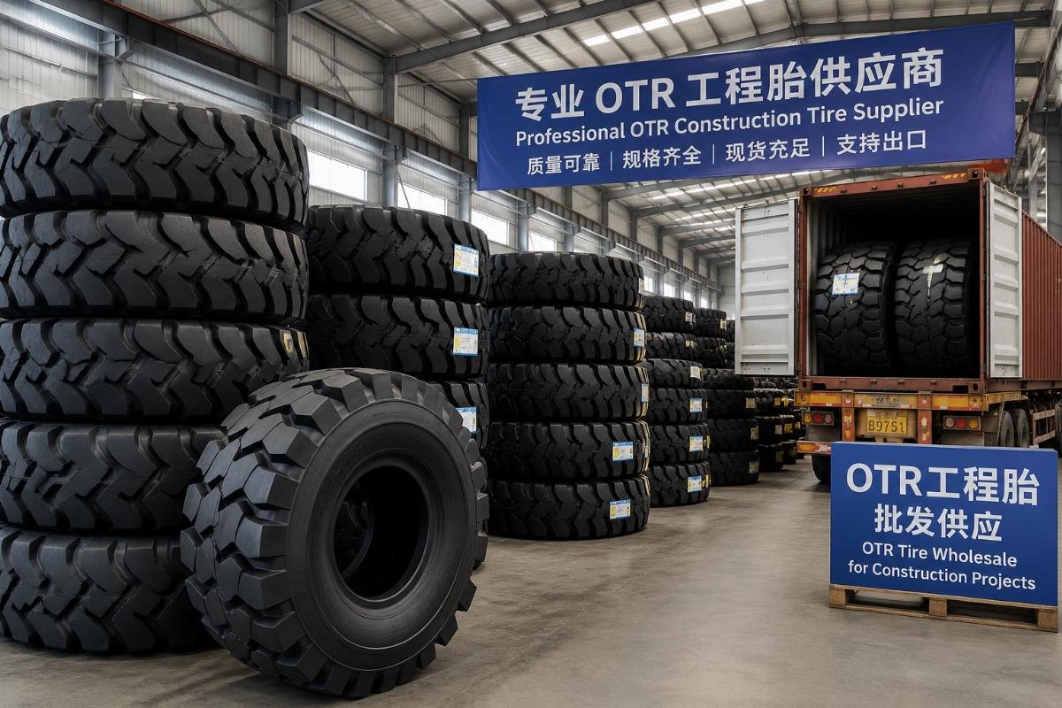 OTR construction tires stacked at a Chinese supplier warehouse ready for export