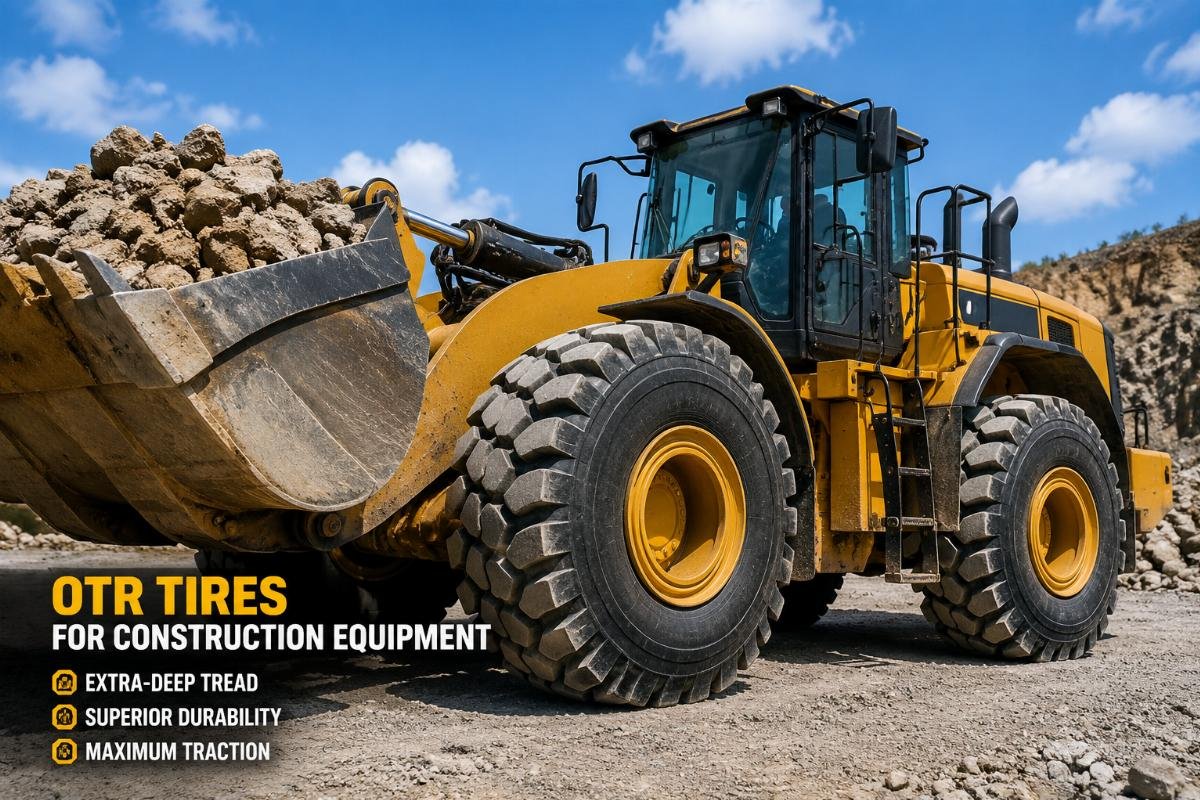 Heavy duty OTR tires fitted to a construction wheel loader at a worksite