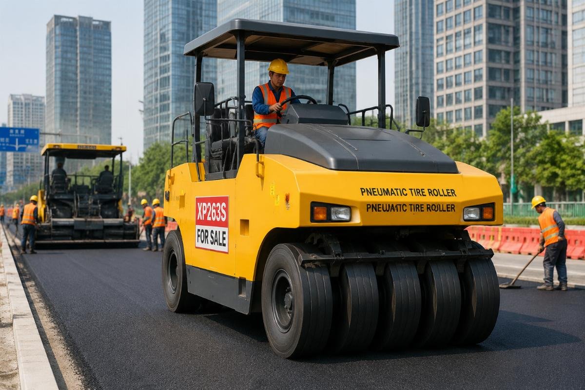 A team of construction workers operating a well-maintained pneumatic tire roller on an urban asphalt paving site