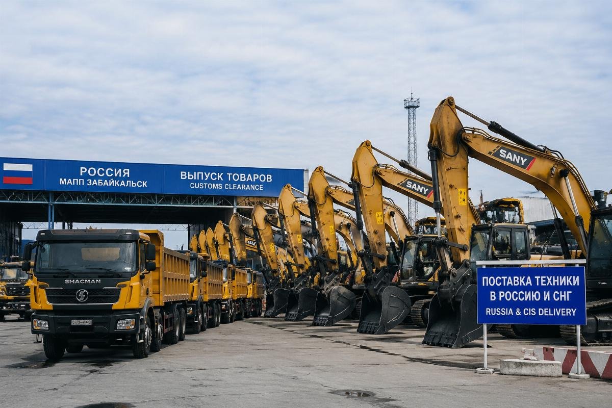 Fleet of excavators and dump trucks staged at a border clearance facility for Russia and CIS delivery
