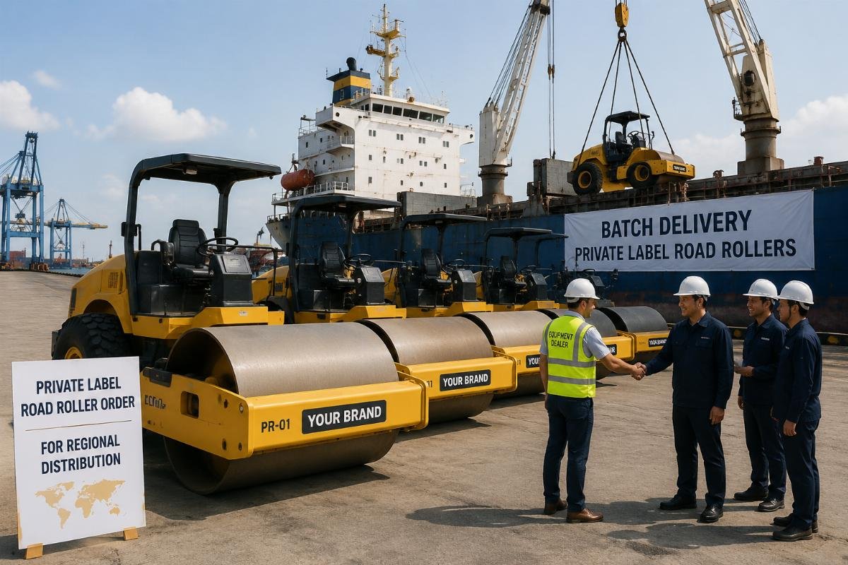 Equipment dealer receiving batch of private-label single-drum road rollers at a regional port