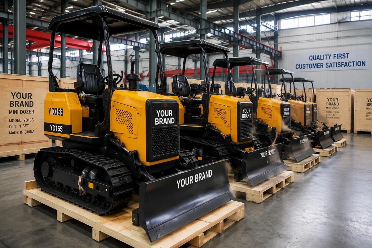 Private label small bulldozer OEM order Custom branded small track bulldozers in a factory warehouse ready for shipment