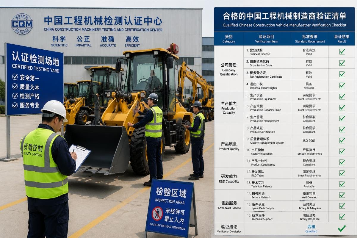 A certified construction vehicle testing yard in China with quality control teams inspecting finished units