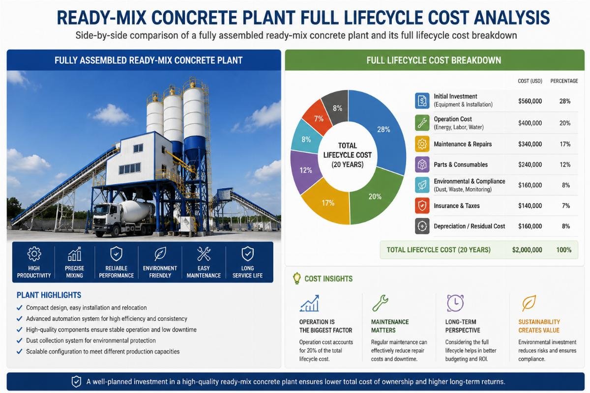 Side-by-side comparison of a fully assembled ready-mix concrete plant and its full lifecycle cost breakdown