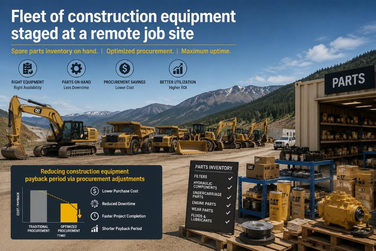 Reducing construction equipment payback period via procurement adjustments Fleet of construction equipment staged at a remote job site with spare parts inventory on hand