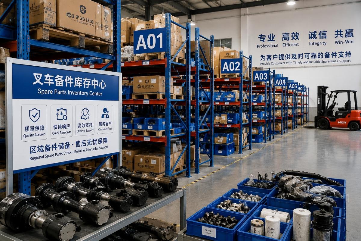 Spare parts inventory at a regional Chinese forklift manufacturer warehouse