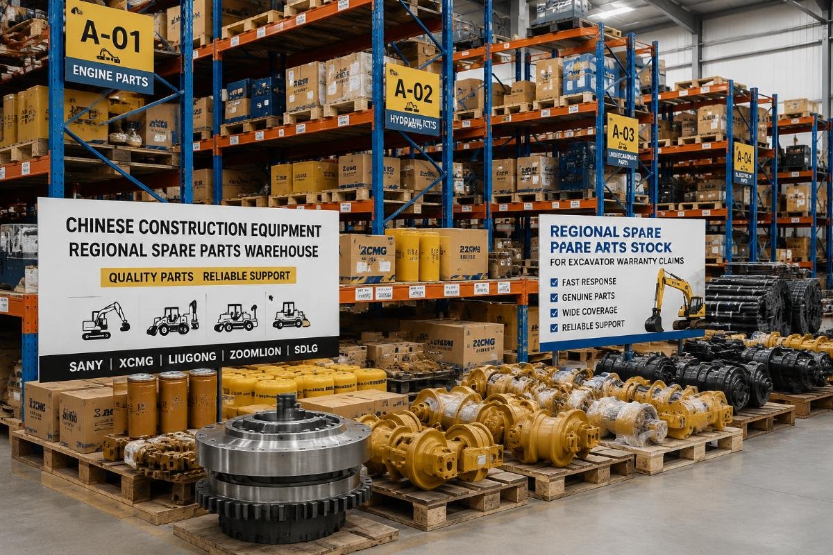 Parts inventory stored in a regional spare parts warehouse for Chinese construction equipment