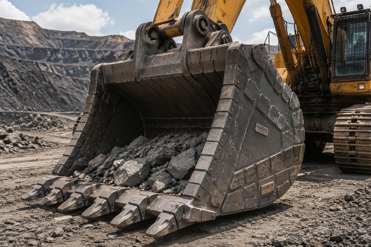 Reinforced rock bucket for heavy mining operations Rock bucket with reinforced wear plates operating in an open-pit quarry site