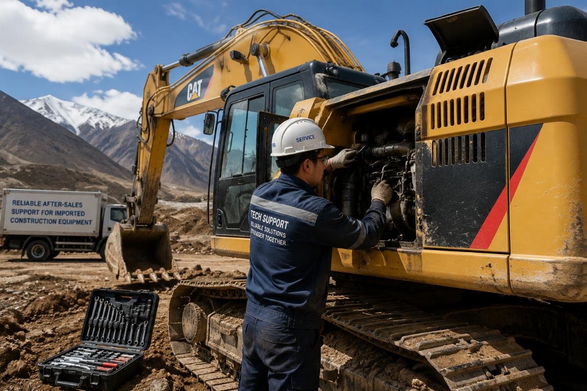 A field technician performing on-site maintenance on an imported excavator at a remote construction site