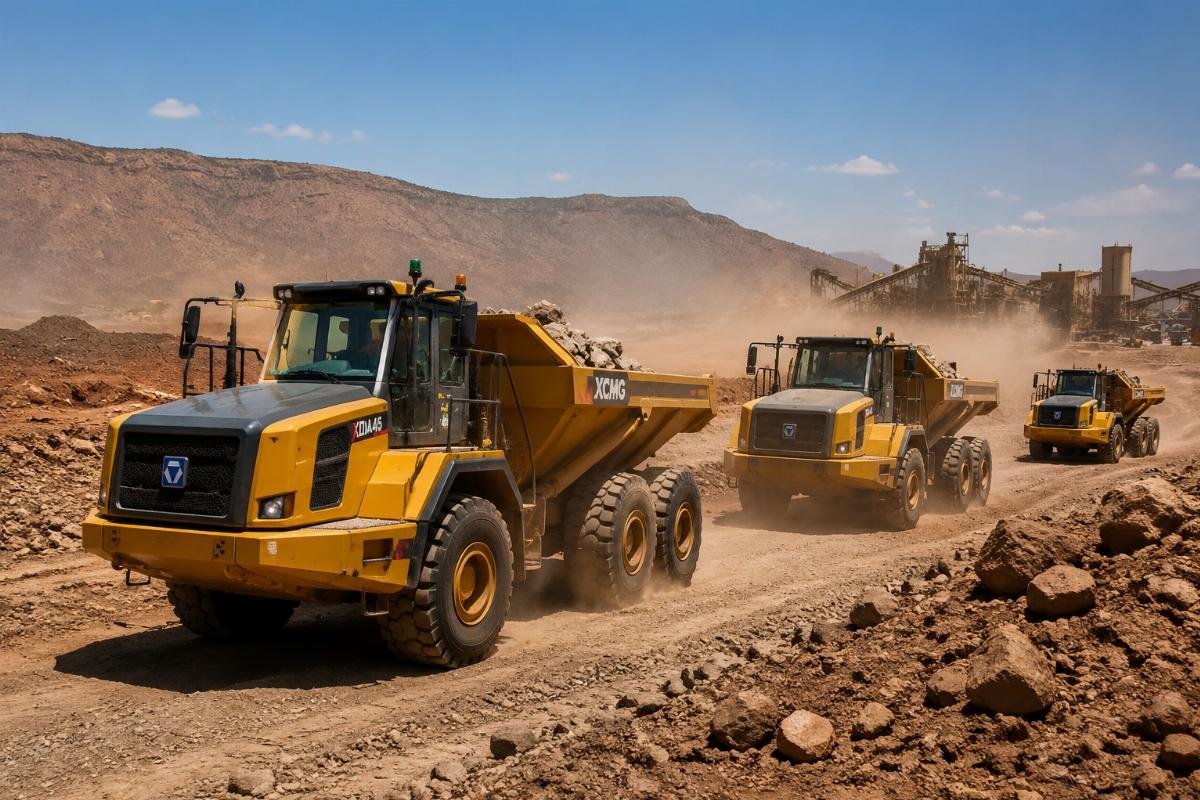 A fleet of customized articulated dump trucks operating at a high-temperature construction site in East Africa